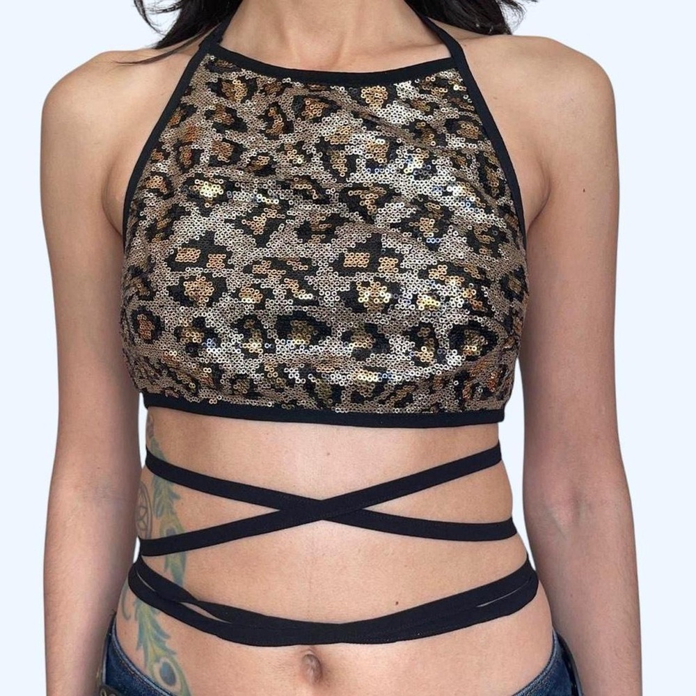 Hearts Rob Black & Gold Leopard Sequin Halter 🐆